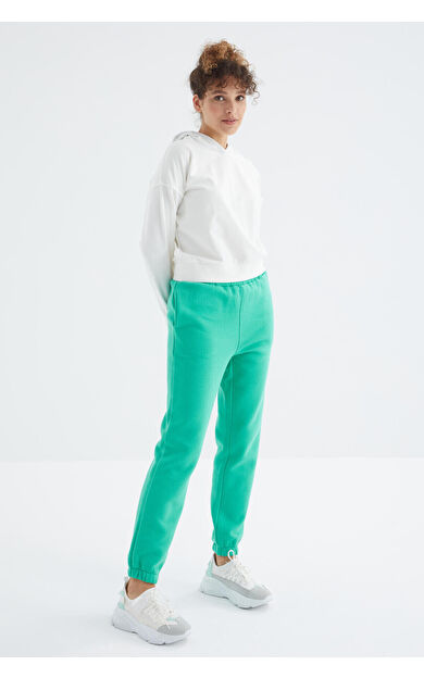 Deniz Yeşili Yüksek Bel Şardonlu 3 İplik Pamuklu Basic Kadın Eşofman Alt - 94624