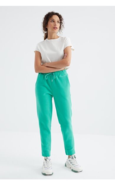 Deniz Yeşili Yüksek Bel Rahat Form Geniş Paça Cepli Kadın Polar Eşofman Alt - 94623