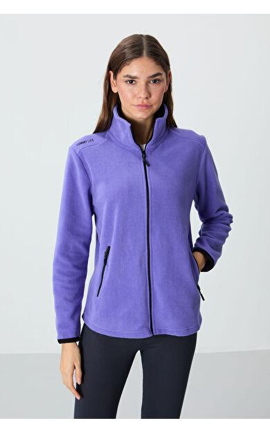 Eflatun Dik Yaka Fermuarlı Rahat Form Kadın Polar Sweatshirt - 97173