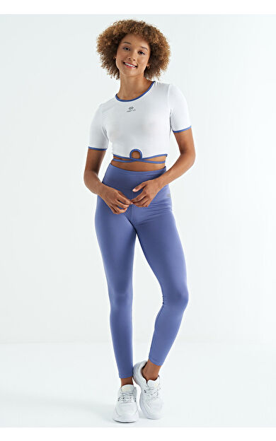 Eflatun Logo Baskı Detaylı Yüksek Bel Dalgıç Kumaş Slim Fit Kadın Tayt - 94627