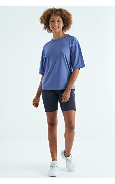 Eflatun O Yaka Baskı Detaylı Oversize Kısa Kol Kadın T-Shirt - 97263