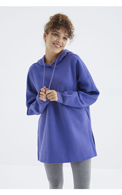 Eflatun Reglan Kol Basic Kapüşonlu Oversize Sweatshirt Tunik - 97242