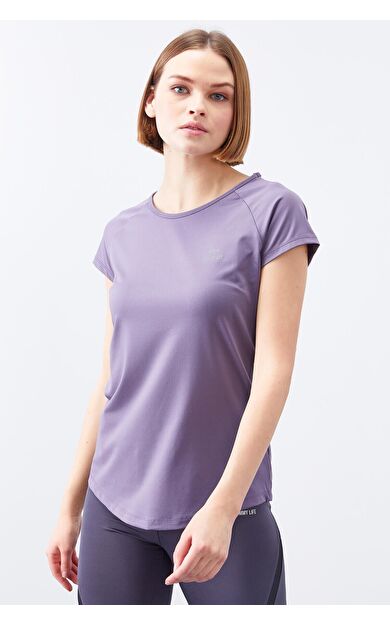 Eflatun Sırt Pencereli Kısa Kol Standart Kalıp O Yaka Kadın T-Shirt - 97101