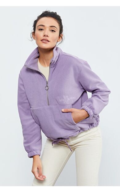 Eflatun Yarım Fermuar Etek Ucu Büzgülü Kadın Polar Oversize Sweatshirt - 97171