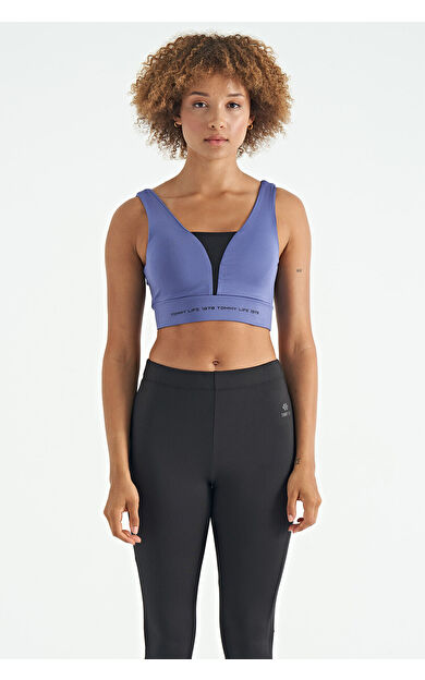 Eflatun Yazı Baskılı Renk Bloklu Dar Kalıp Dalgıç Kumaş Kadın Büstiyer - 97271