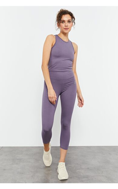 Eflatun Yüksek Bel Kapri-Crop Atlet Slim Fit Kadın Tayt Takım - 95284