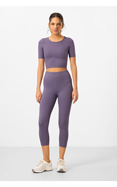 Eflatun Yüksek Bel Kapri-Crop T-Shirt Slim Fit Kadın Tayt Takım - 95285