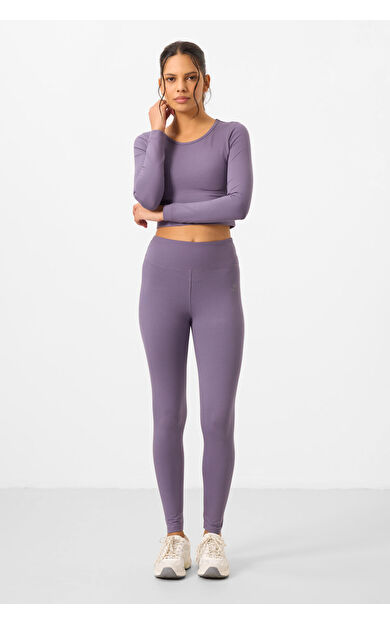 Eflatun Yüksek Bel Uzun Kollu Slim Fit Crop Top Kadın Tayt Takım - 95286