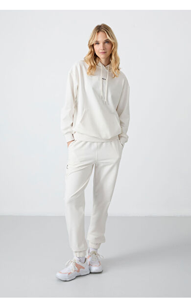Ekru Kapüşonlu Kanguru Cep Oversize Lastik Paça Kadın Eşofman Takımı - 95288