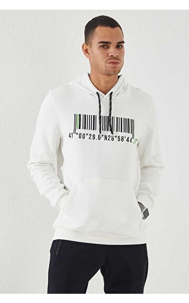 Ekru Nakışlı Kanguru Cep Standart Kalıp Kapüşonlu Erkek Sweatshirt - 87839