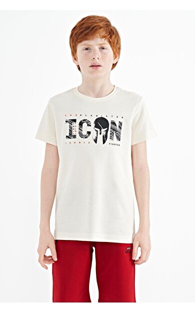 Ekru Ön Yazı Nakışlı O Yaka Standart Kalıp Erkek  Çocuk T-Shirt - 11118