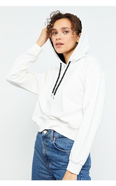 Ekru Uzun Kol Rahat Form Kapüşonlu Kadın Sweatshirt - 97115