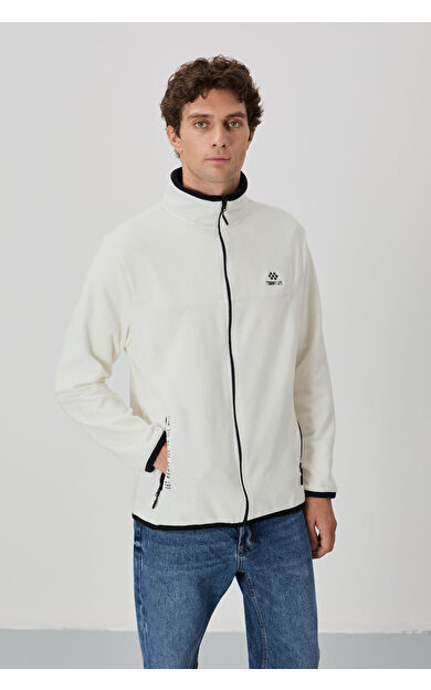 Ekru Yazı Nakışlı Dik Yaka Fermuarlı Standart Kalıp Erkek Sweatshirt Polar - 87992