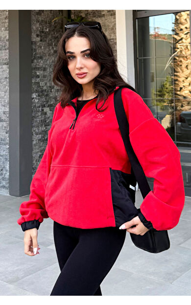 Fiesta Yarım Fermuar Etek Ucu Büzgülü Dik Yaka  Oversize Kadın Polar Sweatshirt - 97236