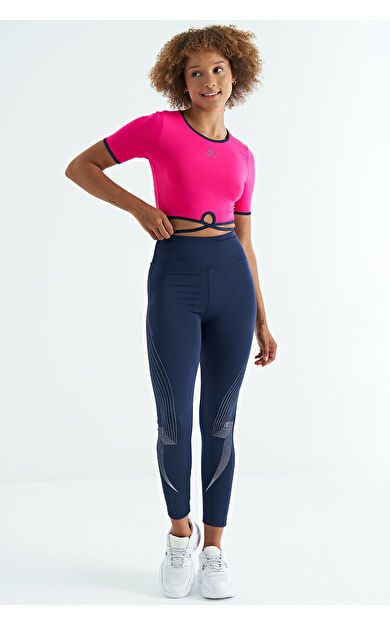 Fuşya Bel Bağlama Detaylı O Yaka Standart Kalıp Dalgıç Kumaş Kadın Crop T-Shirt - 97266