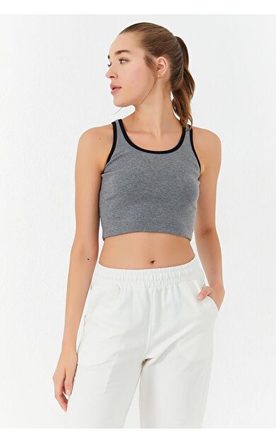 Gri Melanj Basic Sıfır Kol Dar Kalıp U Yaka Kadın Crop Top Atlet - 97162