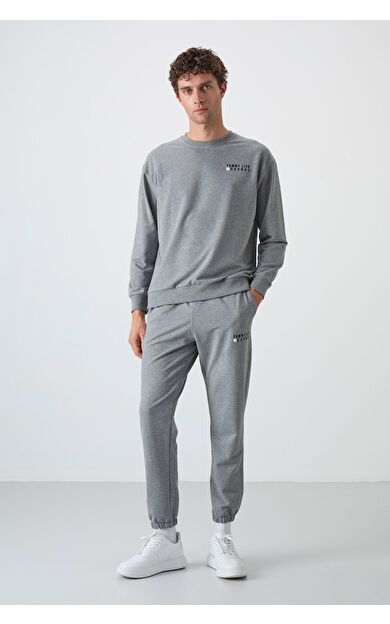Gri Melanj Casual O Yaka Lastik Paça Pamuklu Erkek Oversize Eşofman Takımı - 85120