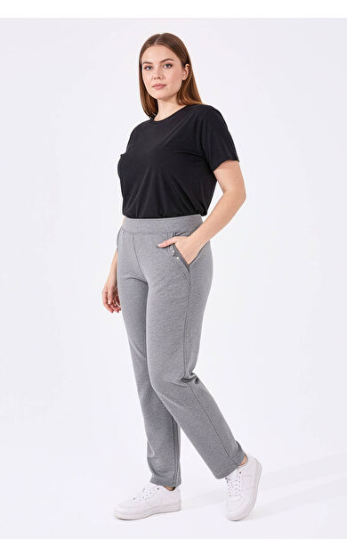 Gri Melanj Cepli Rahat Form Klasik Paça Kadın Büyük Beden Eşofman Alt - 94014