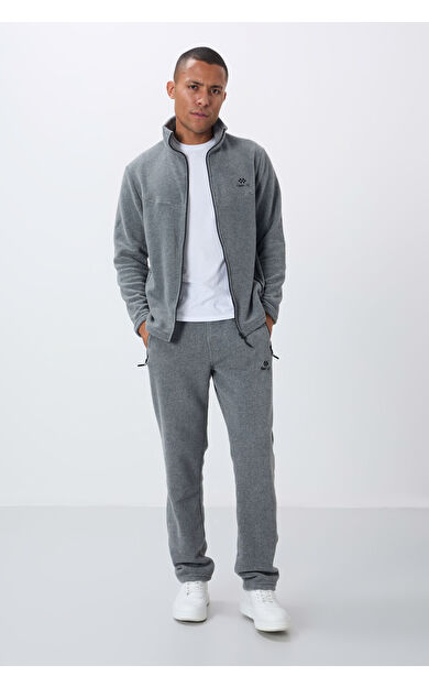 Gri Melanj Dik Yaka Basic Fermuar Cepli Standart Kalıp Erkek Polar Eşofman Takımı - 85193