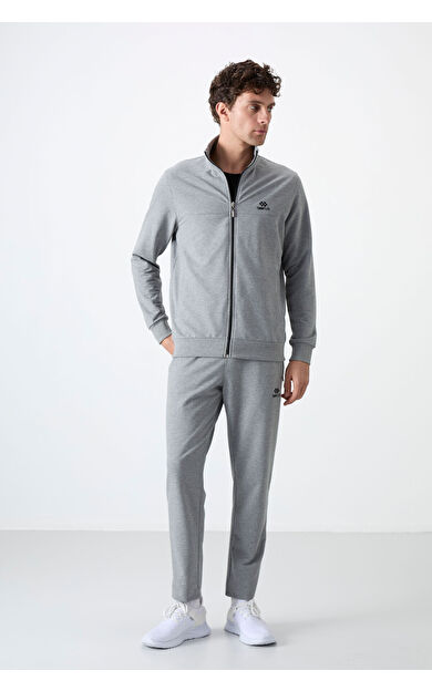 Gri Melanj Dik Yaka Fermuarlı Rahat Form Klasik Paça Erkek Eşofman Takımı - 85072