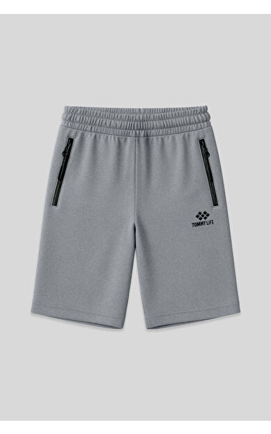 Gri Melanj Gizli Fermuar Arka Cepli Bağcıklı Standart Kalıp Erkek Şort - 81136