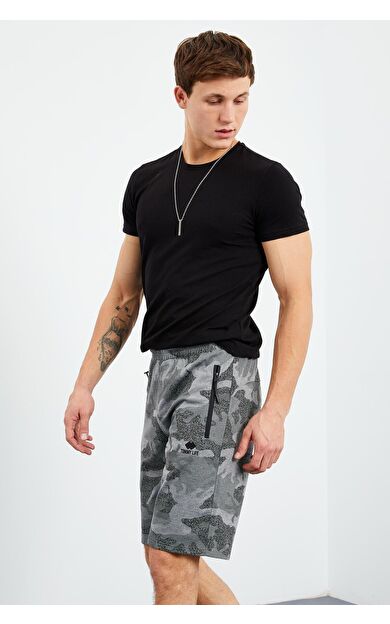 Gri Melanj Kamuflaj Desenli Standart Kalıp Erkek Şort - 81157