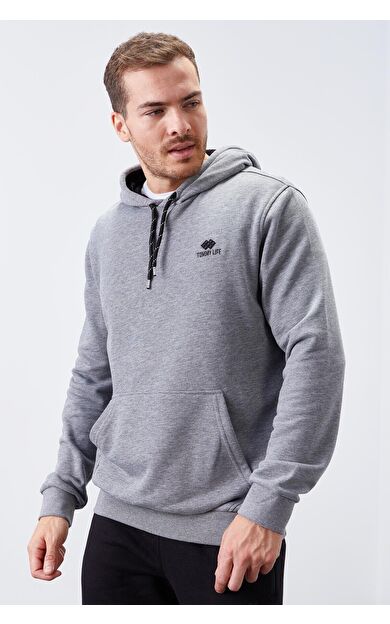 Gri Melanj Kanguru Cep Standart Kalıp Kapüşonlu Erkek Sweatshirt - 87872