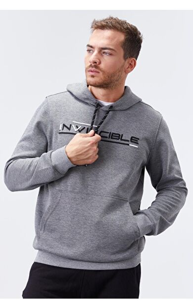 Gri Melanj Kanguru Cep Standart Kalıp Kapüşonlu Erkek Sweatshirt - 87883