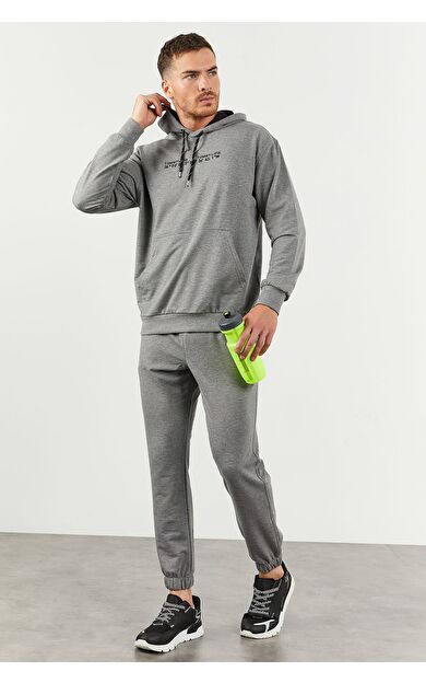 Gri Melanj Kapüşonlu Kanguru Cep Lastik Paça Erkek Oversize Eşofman Takımı - 85117