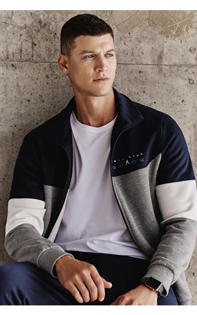 Gri Melanj - Lacivert Dik Yaka  Renk Geçişli İçi Polarlı Erkek Eşofman Takımı  - 85186