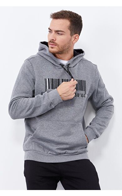 Gri Melanj Nakışlı Kanguru Cep Standart Kalıp Kapüşonlu Erkek Sweatshirt - 87839