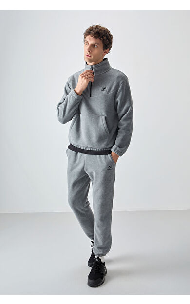 Gri Melanj Yarım Fermuar Dik Yaka Lastik Paça Polar Erkek Eşofman Takımı - 85159