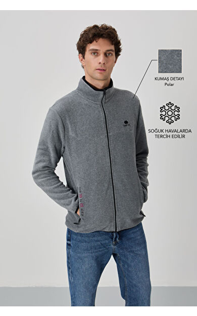Gri Melanj Yazı Nakışlı Dik Yaka Fermuarlı Standart Kalıp Erkek Sweatshirt Polar - 87992