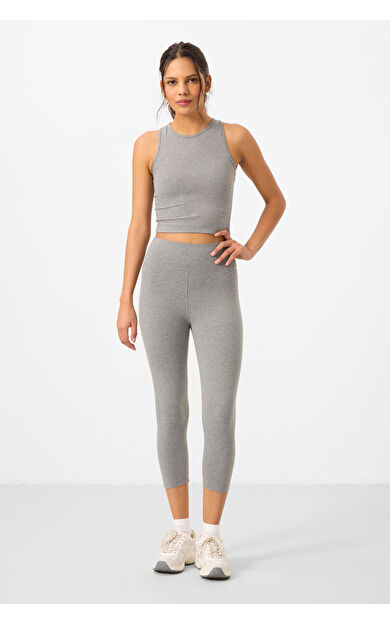Gri Melanj Yüksek Bel Kapri-Crop Atlet Slim Fit Kadın Tayt Takım - 95284