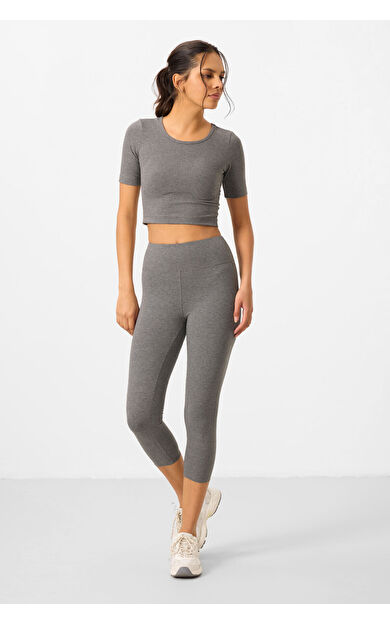 Gri Melanj Yüksek Bel Kapri-Crop T-Shirt Slim Fit Kadın Tayt Takım - 95285
