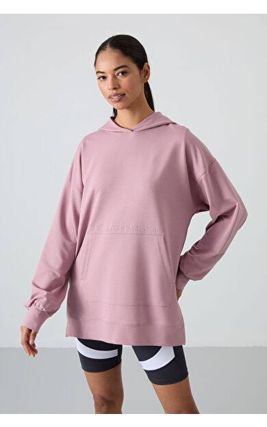 Gül Kurusu Balon Kol Yazı Nakışlı Kadın Oversize Tunik Sweatshirt - 97163