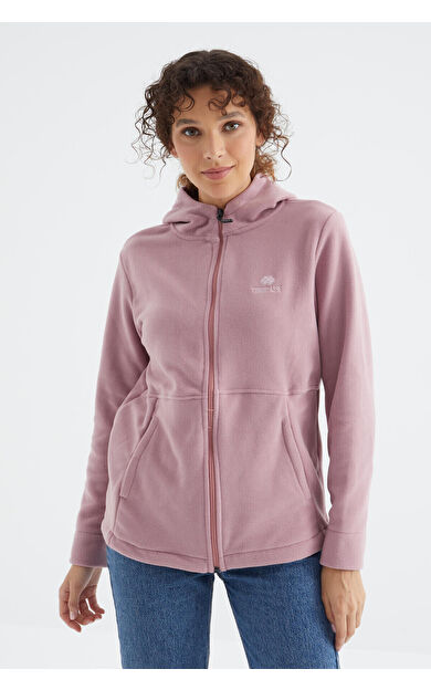 Gül Kurusu Kapüşonlu Fermuarlı Rahat Form Kadın Polar Sweatshirt - 97233