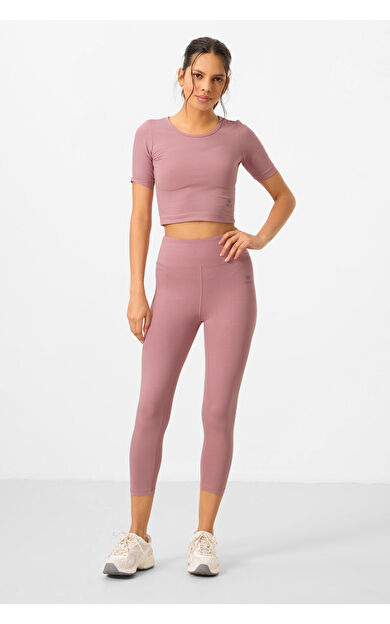 Gül Kurusu Yüksek Bel Kapri-Crop T-Shirt Slim Fit Kadın Tayt Takım - 95285