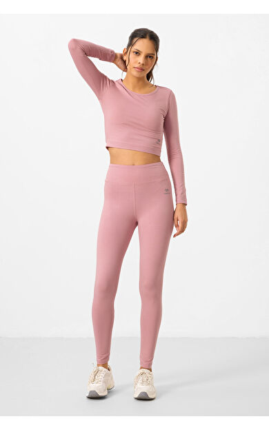 Gül Kurusu Yüksek Bel Uzun Kollu Slim Fit Crop Top Kadın Tayt Takım - 95286