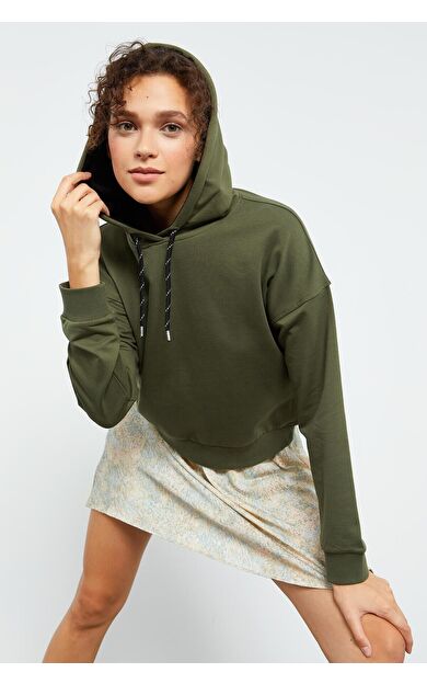 Haki Uzun Kol Rahat Form Kapüşonlu Kadın Sweatshirt - 97115
