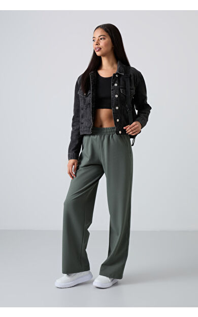Haki Yüksek Bel Cepli Rahat Form Geniş Paça Kadın Eşofman Alt - 94567