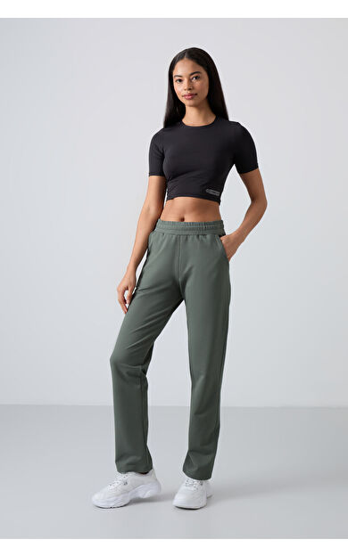 Haki Yüksek Bel Cepli Rahat Form Klasik Paça Kadın Eşofman Alt - 94584