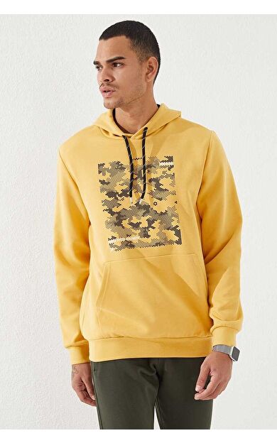 Hardal Kamuflaj Desen Baskılı Standart Kalıp Kapüşonlu Erkek Sweatshirt - 87884