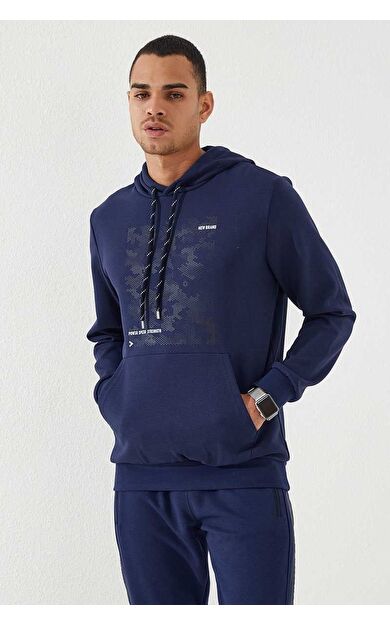 İndigo Kamuflaj Desen Baskılı Standart Kalıp Kapüşonlu Erkek Sweatshirt - 87884