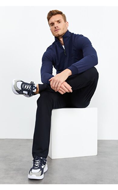 İndigo - Lacivert Dik Yaka Fermuarlı Standart Kalıp Klasik Paça Erkek Eşofman Takımı - 85152