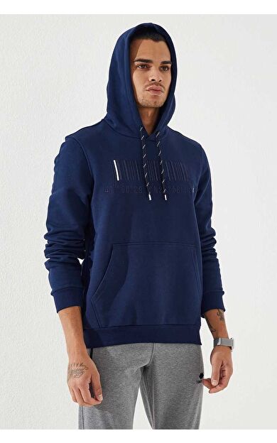 İndigo Nakışlı Kanguru Cep Standart Kalıp Kapüşonlu Erkek Sweatshirt - 87839