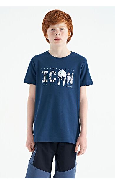 İndigo Ön Yazı Nakışlı O Yaka Standart Kalıp Erkek  Çocuk T-Shirt - 11118