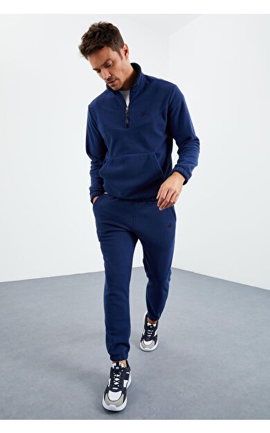 İndigo Yarım Fermuar Dik Yaka Lastik Paça Polar Erkek Eşofman Takımı - 85159