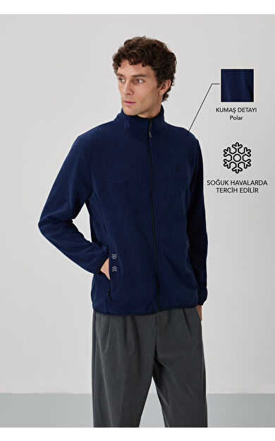 İndigo Yazı Nakışlı Dik Yaka Fermuarlı Standart Kalıp Erkek Sweatshirt Polar - 87992