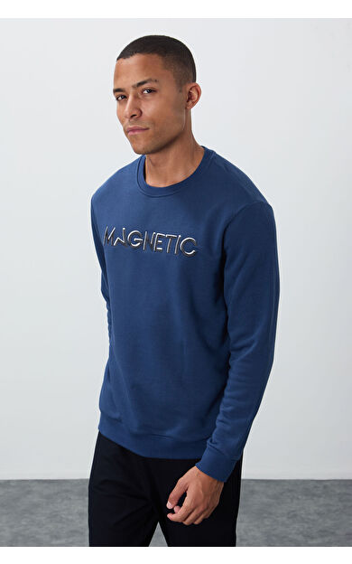 İndigo Yazı Nakışlı O Yaka Rahat Form İçi Polarlı Erkek Sweatshirt - 88020